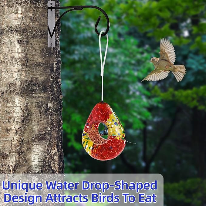 VOREEN Glass Bird Feeder, Fly Through Bird Feeders for Outdoor Hanging, Handmade Glass Wild Bird Feeder, for Garden, Yard, Backyard, Deck and Porch Decor, Gift for Mom Wife Friend, Red Teardrop