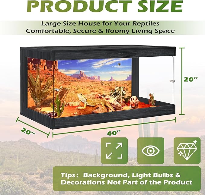 Royxen Bearded Dragon Tank, Tempered Glass Reptile Terrarium with Metal Mesh Top, 3-Side Clear Anti-Scratch Glass Lizard Tank for Reptile Habitat, Black,60 Gallons