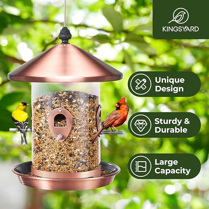 Kingsyard 4.5 lbs Large Metal Bird Feeders for Outdoors Hanging with 8 Ports, Tube Bird Feeder with Seed Tray, Weatherproof Squirrel Proof Roof for Cardinal Finch, Copper