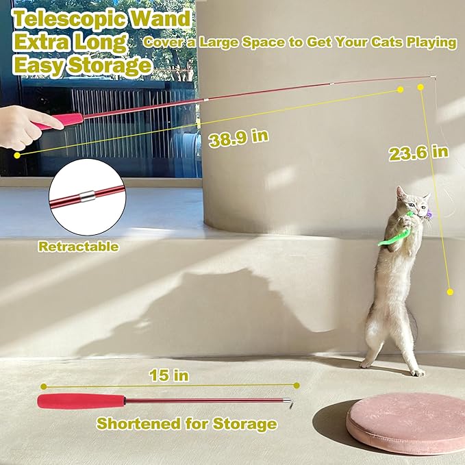 Cat Feather Toy, Retractable Cat Toys Wand 2 Wands & 9 Assorted Teaser Refills, Interactive Feather Teaser Wand Toy Bell Kitten Cat Having Fun Exerciser Playing