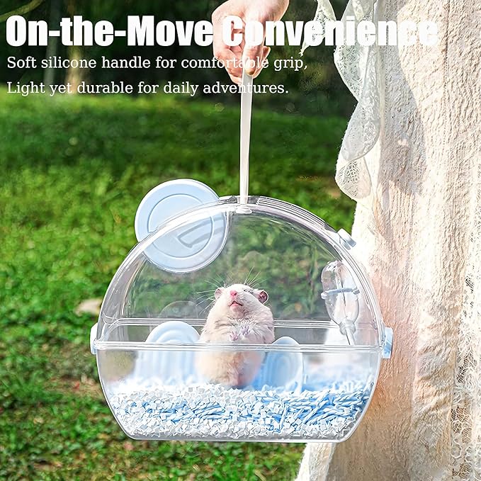 Small Portable Hamster Cages,13×8.2×10.8 Inch Hamster Carrier with Water Bottle,Dwarf Hamster Travel Cage with Storage Box,360º Transparent Acrylic Pet Travel Carrier,Mouse Gerbil Cage(Blue)