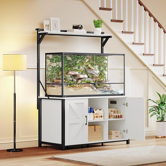 YITAHOME 40-120 Gallon Reptile Tank Stand with Power Outlet, Heavy Duty Aquarium Stand with Accessories Storage Cabinet - Metal Fish Tank Stand for Turtle, Reptile, 1100LBS Capacity, White