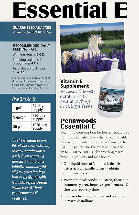 Pennwoods Essential E: Equine Vitamin E Supplement for Horse Health, Performance, Recovery & Nutrition - 1 Gallon
