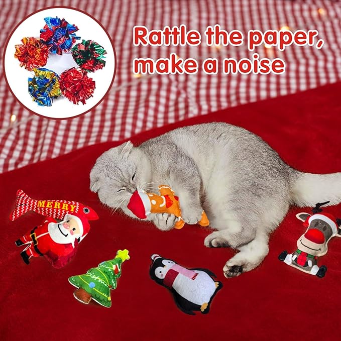 Idepet 6 Pcs Christmas Cat Toys Catnip Xmas Plush Santa Claus Tree Interactive Chew Bite Crinkly Sound Toys for Indoor All Breeds Cats Exercise ﻿