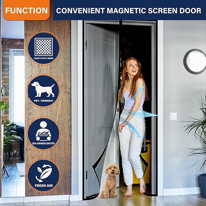 Magnetic Screen Door, Fit Door Size 48 x 80 Inches, Screen Doors with Magnets, Pet & Kid Friendly，Works with Front Doors, Sliding Doors ‎Black