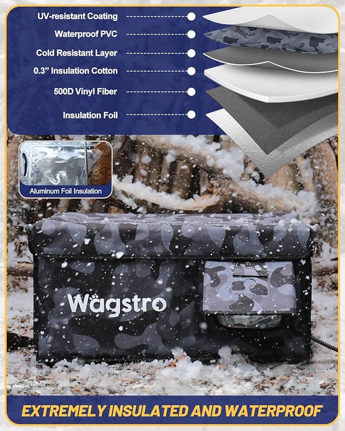 Heated Cat House for Outside, Waterproof Awning & Escape Door Heated Cat Houses for Indoor/Outdoor Cats in Winter, Elevated & Insulated Outdoor Cat Shelter for Feral Cat(Black Camo, 16.5"x12.6"x13")