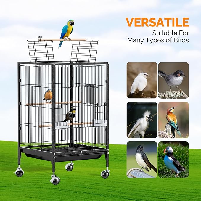 VINGLI Bird Cage with Wheels, 38-Inch Open Top Wrought Iron Bird Cage, Rolling Parakeet Cage for Cockatiels Lovebird Finches Canaries