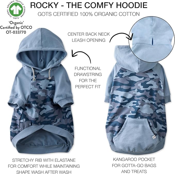 Rocky – The Orginal Lightweight Hooded TEE 100% Organic Cotton Dog Hoodie Pet Coat Sweater for Small, Medium, Large Dogs, Navy Half Camo, X-Small