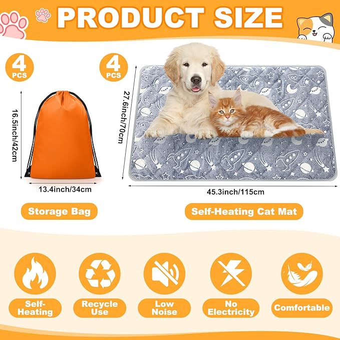 Riakrum 4 Pack Self Warming Cat Mat Heating Cat Bed 24" x 18" Thermal Dog Self Warming Pad Pet Heating Pad Non Slip Bottom Washable with Storage Bag for Indoor Outdoor Kitten Pet(28 x 45 Inches)