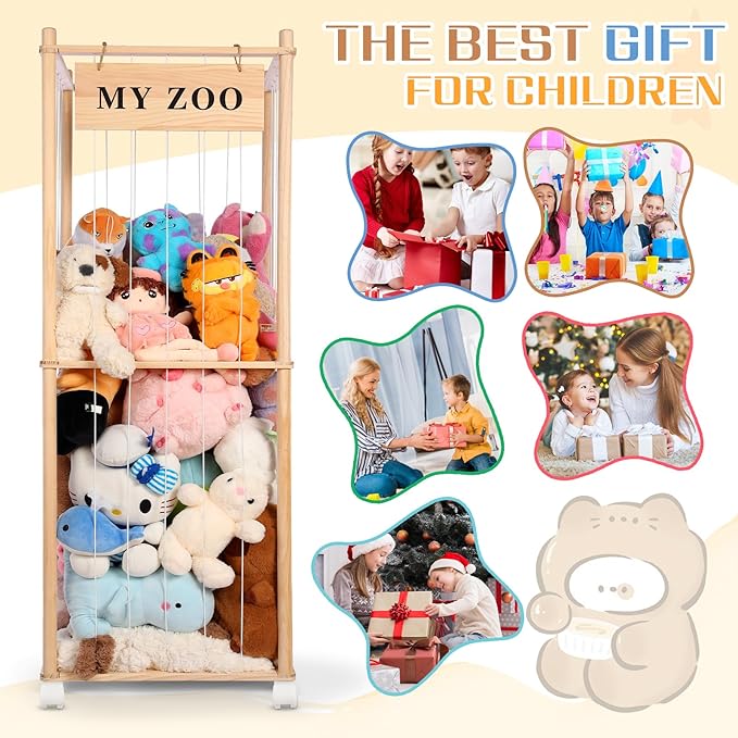 Stuffed Animal Storage Zoo with Wheels, Wooden Stuffed Animal Organizer with Elastic Cords, Space Saving Toy Plushies Storage Holder for Playroom, Bedroom, Living Room(Burlywood, Large)