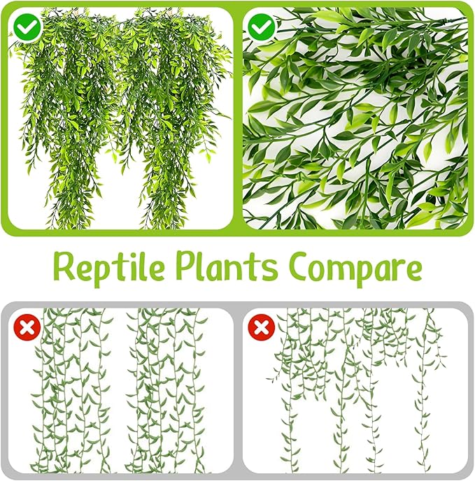 Hamiledyi Tank Habitat Decorations 2 PCS Terrarium Hanging Plants with Suction Cups Reptile Plants Artificial Leaves Reptile Hide for Lizard, Snake, Bearded Dragon, Leopard Gecko, Chameleon