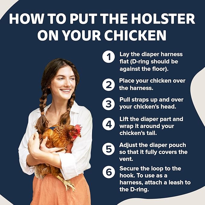 Hen Holster Bird Diaper, Wrap Around - for Hens, Roosters, Ducks, Geese, Leak-Proof Design, Comfortable Fleece Strap Bird Harness with Sewn-in Liner, Secure Hook and Loop Closure - S/M, Denim