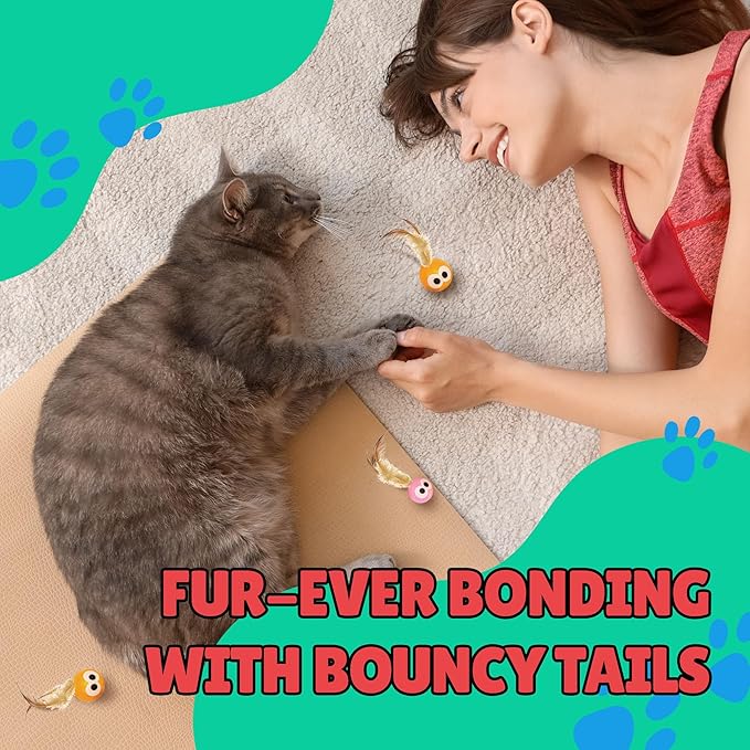 Bouncy Tails 15-Pack Cat Ball Toy with Natural Feathers, Interactive Cat Toys for Bored Indoor Adult Cats, Feather Cat Toy for Indoor Cats and Playful Kittens
