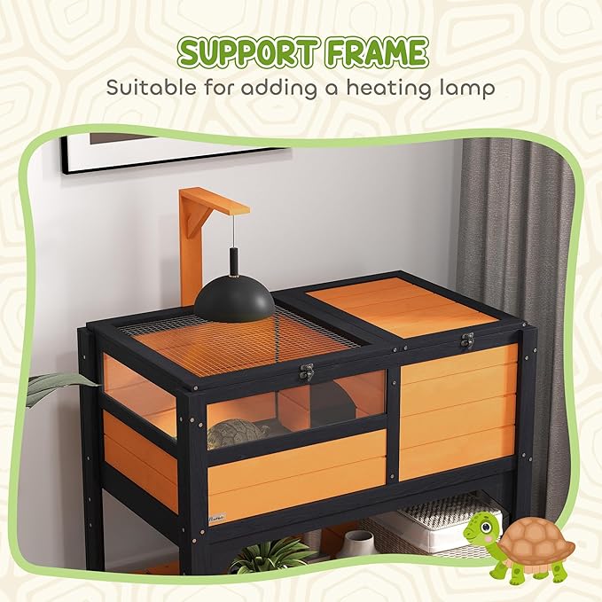 PawHut Tortoise Habitat with Shelf Storage, Tortoise Enclosure with Weather Protection, Reptile Enclosure with Tray, Light Support Frame, Yellow