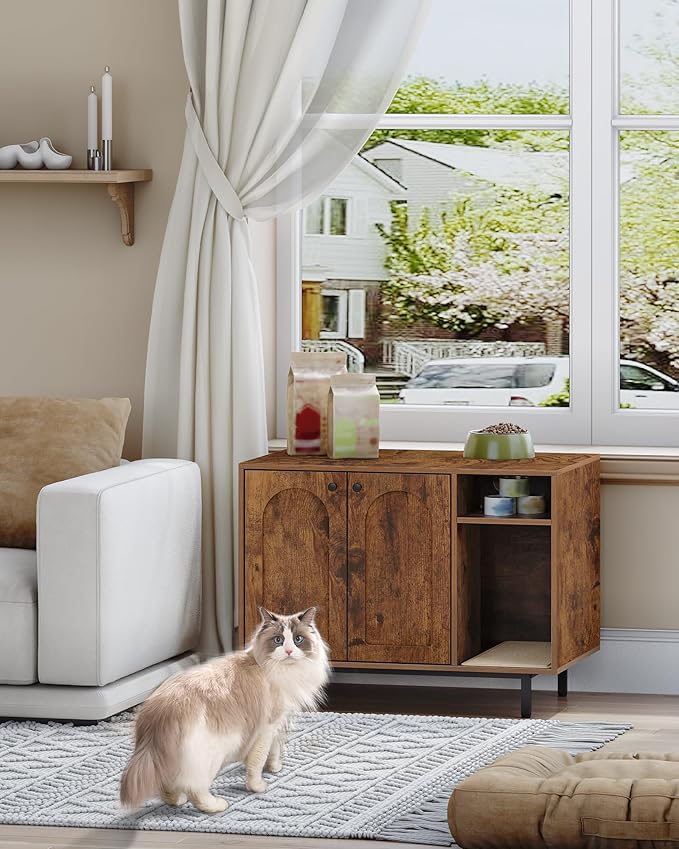 Cat Litter Box Enclosure Enclosed, Hidden Litter Box Cabinet Furniture with Storage, Wooden Indoor Cat House Large, Modern End Table for Living Room Entryway, Rustic Brown and Black CB01501B