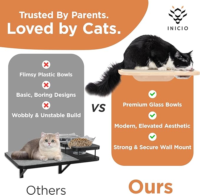 INICIO Cat Shelves – Dog Proof Feeding Station with Wall Mounted Shelves, 3 Steps for wall with Floating Shelf for Cats Up to 15lbs, Includes Cat Food Bowls for Convenient Feeding – Natural Wood