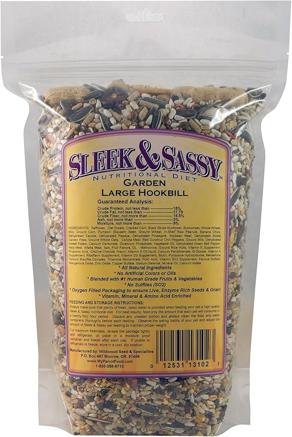 SLEEK & SASSY Garden Large Hookbill Parrot Food for Large Conures, Amazons, African Greys, Cockatoos, Pionus-Parrots & Small Macaws (2 lbs.)