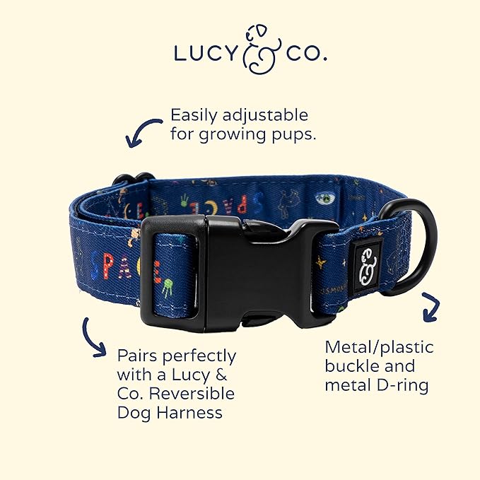 Lucy & Co. Space Doodle Adjustable Dog Collar- Cute Designer Pet Collar for Small, Medium, Large Dogs- Buckle Closure Dog Accessories, Small, Navy Outerspace Icons