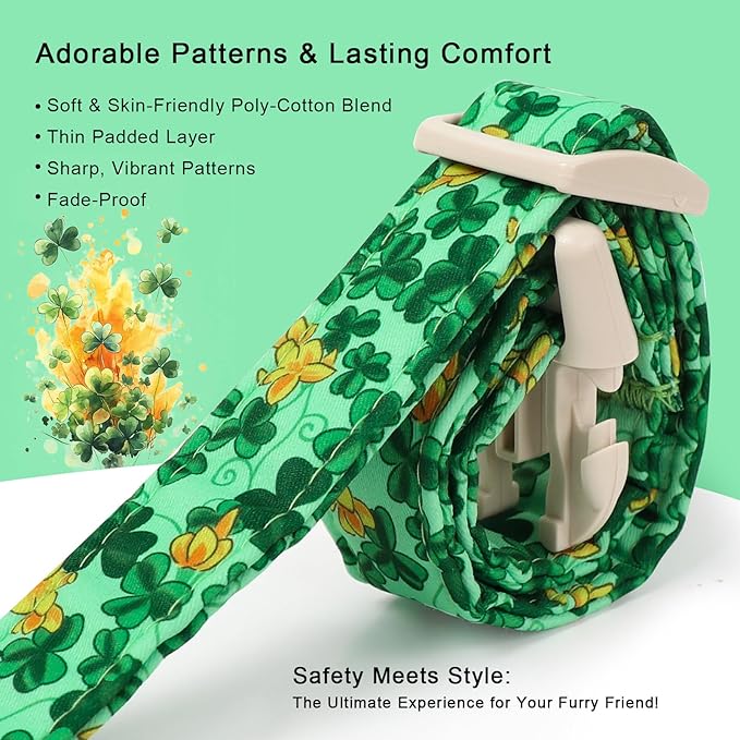 St. Patrick's Day Dog Collar for Large Dogs - Green Shamrock & Yellow Flower Print Dog Collars, Cute Irish Party Puppy Collar, Lightweight Adjustable St. Patricks Day Pet Collars L