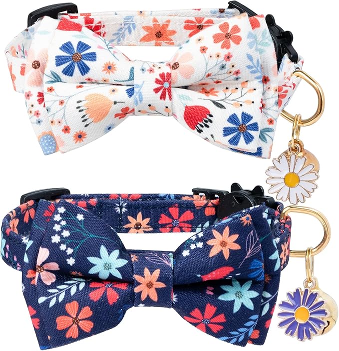 Flower Cat Collar Breakaway With Bow Tie Bell 2 Pack White & Blue Floral Pendant Cute Cat Collars Adjustable Safety Kitty Kitten Collars Soft Fancy Cat Collar for Female Girl Cats Male Boy Cats