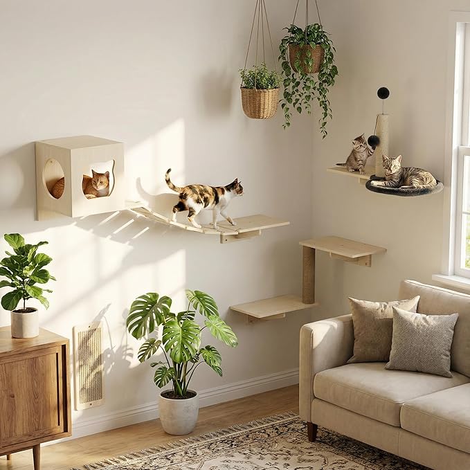 Cat Wall Shelves, Modern Wall-Mounted Cat Furniture Includes House, Bridge, Steps, Scratcher, Perch & Lounge for Indoor Cats, Space-Saving Wall Mounted Cat Shelves for Play & Rest