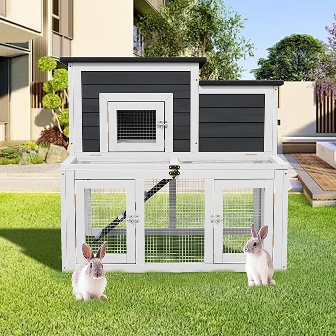 Outdoor Rabbit Hutch, Bunny Cage, Chicken Run Coop Wooden Quail Cage Duck Coop with Ventilating Wire Poultry House for Small Animals (Gray+Black)