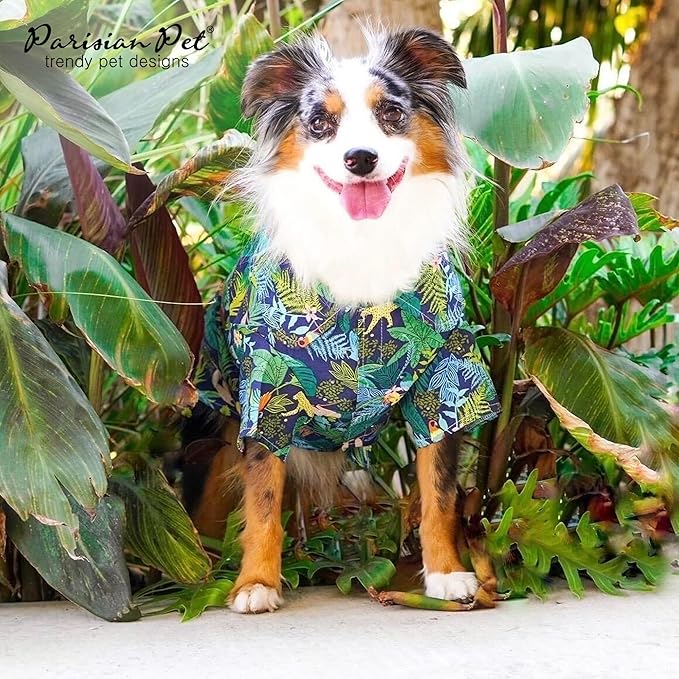 Parisian Pet Unisex Amazonia Shirt - Leafy Dog Beach Outfit - Cotton Summer Clothes - Stylish Hook and Loop Closure - Machine Washable for Medium-Sized Dogs - M
