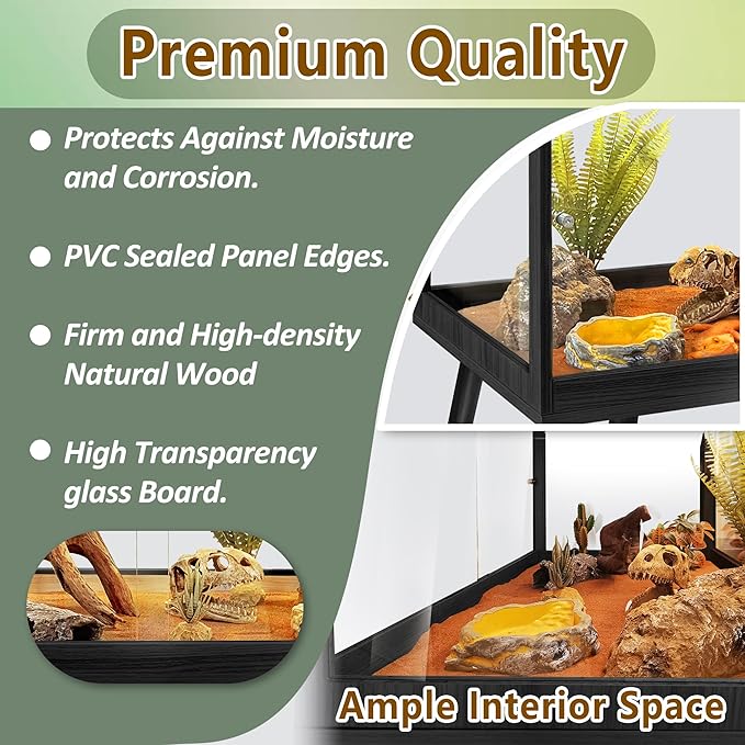 PROLEE Tempered Glass Reptile Enclosure with Leg,24“ Scratch-Proof Bearded Dragon Tank,28 Gallon Lizard Tank with Metal Mesh Tops and Lockable Door,Spacious Reptile Habitat for Snake,Tortoises (Black)