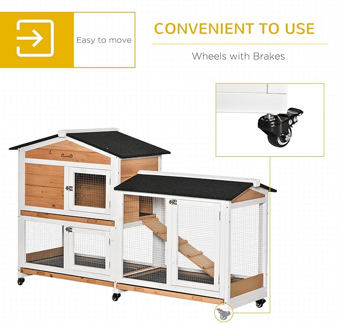 PawHut 62" Rabbit Hutch, Wooden Bunny Hutch, Guinea Pig Cage, Small Animal Enclosure with Wheels, Run Area, Removable Tray, Asphalt Roof, Lockable Doors and Ramp, for Rabbits, Chickens, Ducks, Nature