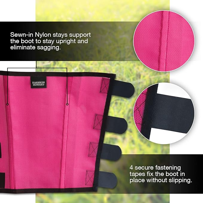 Harrison Howard Loose Fitting Fly Boots UV-Protective Extra Tough Mesh Ventilated Four Fasteners Stay-on Design Protect Horse Legs & Stomp-Reducing Set of 4 Magenta Yearling