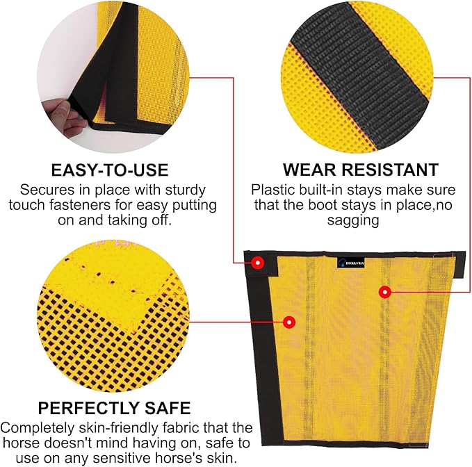 FOXLVDA Horse Fly Boots - Fly Boots for Horses Set of 4, Comfortable Horse Leggings, Mesh Material Design with Metal Support Bars for Reduces Stomping & Leg Fatigue (Yellow, Medium)