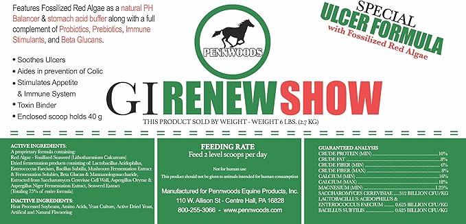 Pennwoods GI Renew Show, Probiotics for Equine, Immune and Appetite Stimulation, Prebiotics, Digestive Enzymes | Horse Supplement Providing Ulcer Relief and Treatment, Organic Toxin Binder, 6 LB Bag