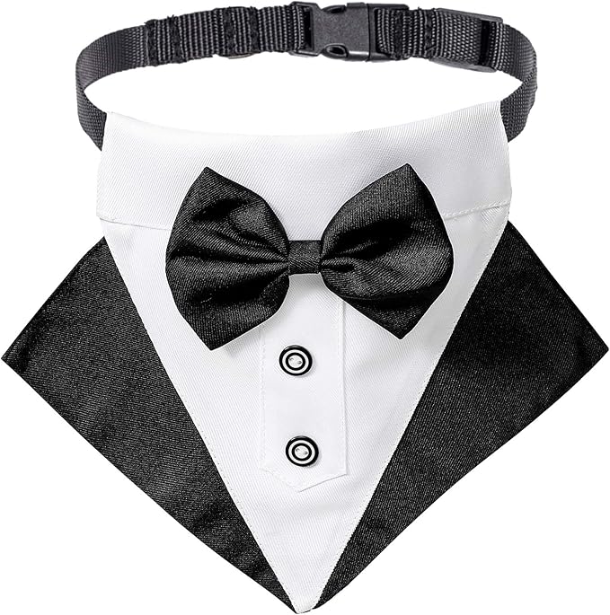 ADOGGYGO Formal Dog Tuxedo Wedding Puppt Bandana Collar with Bow Tie, Adjustable Pet Bowtie Collar Bandana for Small Dogs (Small)