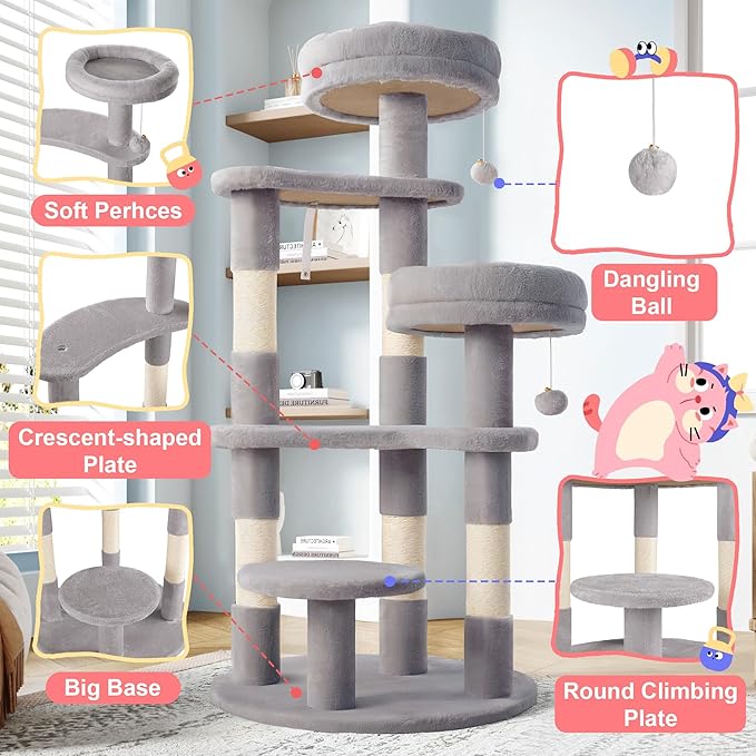 Allewie 55.5 in Cat Tree for Indoor Kitties/Soft Plush Perches/Multi-Level Cat Tower/Sisal Scratching Posts/Crescent Plates/Round Jumping Board/Hanging Ball/Pet Activity Center/Grey