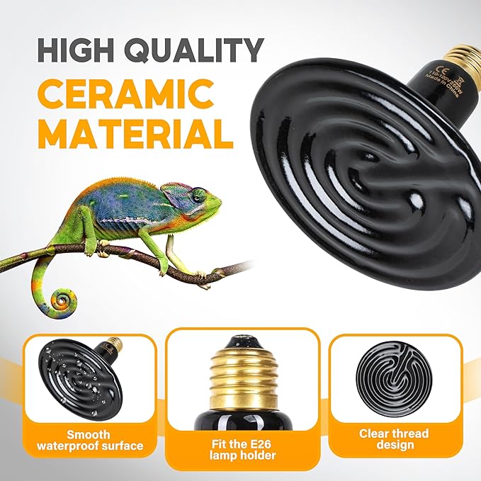 HealSmart 250W Reptile Heat Lamp Ceramic Heat Emitter, No Light Emitting Heat Bulbs, Suitable for Snake/Lizard/Spider, Plant Growth and Incubating Chicken, 2-Pack