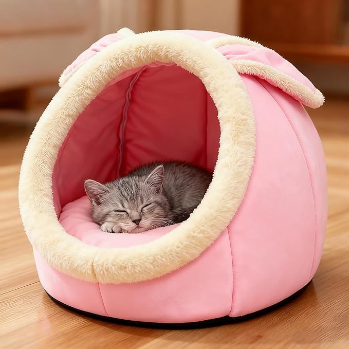 Lcybem Cat Beds for Indoor Cats - Rabbit-Shaped Cat Cave Bed with Hanging Toy,Super Soft Calming Pet Bed for Kitten,Small Dog,Warm Plush&Machine Washable&Removable Cotton Pad,cat Hideaway