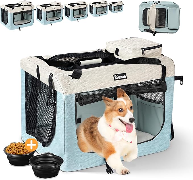 Extra Large Dog Crate with 2 Foldable Bowl, 40 Inch Collapsible Travel Dog Crate Kennel with Soft Blanket for Medium Dogs,Indoor & Outdoor (40" L x 27" W x 27" H, Blue)