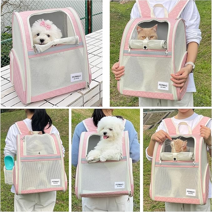 Cat Backpack Carrier for Small Dogs and Medium cat Puppy Kitten Bunny Pet Carrier Backpack Collapsible with Fully Ventilated Mesh with Safety Leash (Pink, 12.9" L x 10.62" W x 15.5" H - M)