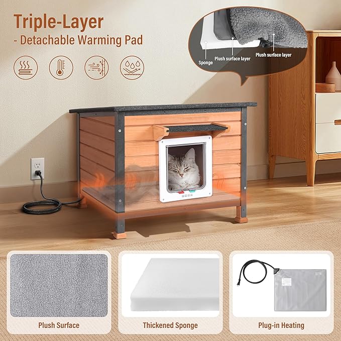 X-ZONE PET Heated Cat House, Extremely Insulated & Weatherproof, Feral Cat Shelter with Heated Pad for Feral Stray Barn Cats and Small Animals (Winter-Ready)
