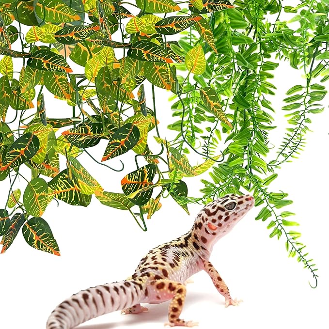 Hamiledyi 5 Pcs Reptile Plants Terrarium Hanging Fake Plant Leaves, Bearded Dragon Tank Accessories, Habitat Decor for Snake Leopard Gecko Lizard Chameleon Spider Turtle (Style 3)