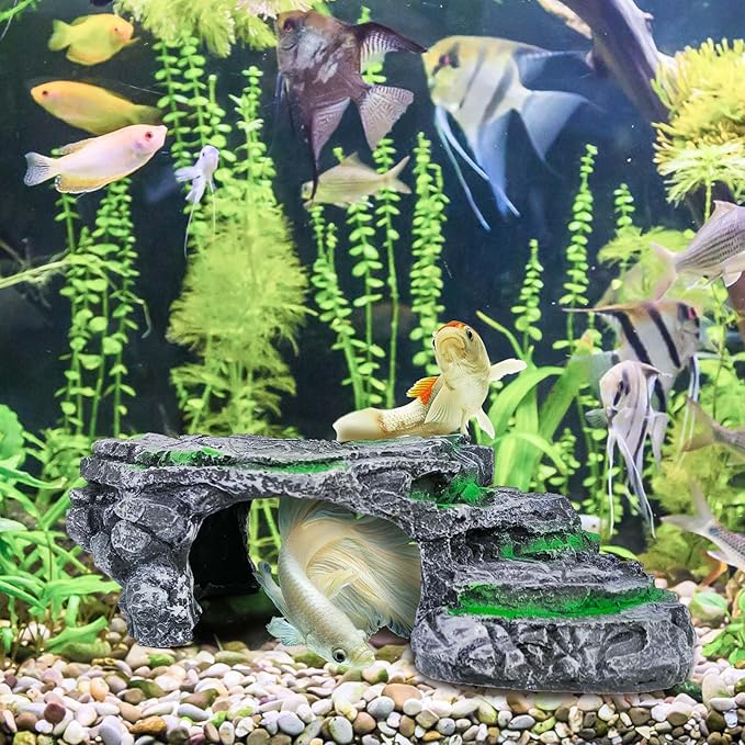 Turtle Basking Platform Kit, Reptile Habitat Hideout, Decorative Resin for Aquarium & Terrarium, Including Artificial Plant and Cleaning Brush. (A-Large-Black)
