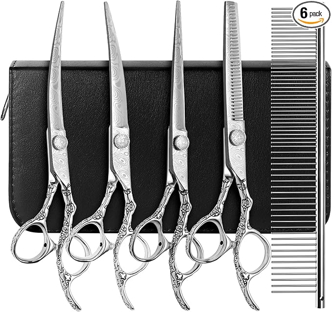 Dog Grooming Scissors,Silver with Safety Round Tips,5 in 1 Curved Dog Scissors for Grooming,Professional Pet Grooming Shears Set for Dogs and Cats