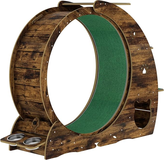 GarveeLife Cat Exercise Wheel for Indoor Cats, Cat Treadmill with Bowls, Scratch Post & Detachable Carpet, Large Quiet Cats Running Wheel for Kitties Endless Fun & Fitness Brown