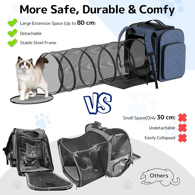Pawtners Cat Backpack Carrier with Play Tunnel, Expandable Dog Backpack with Breathable Mesh, Pet Carrier Backpack for Small Cats Dogs Up to 18 Lbs, Dog Carrier for Travel Hiking Camping Outdoor Blue