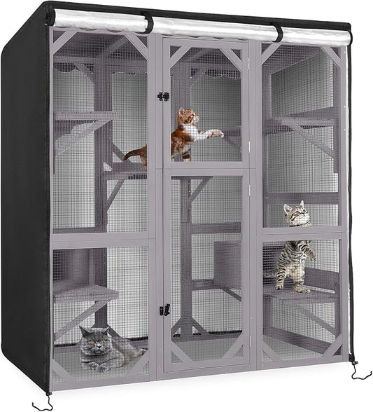 Kingling Outdoor Cat House Cover for Winter, Waterproof and Dustproof Protection Cover for Large Cat Cage Condo Black - 63" L x 32" W x 71" H inch(Cover Only)