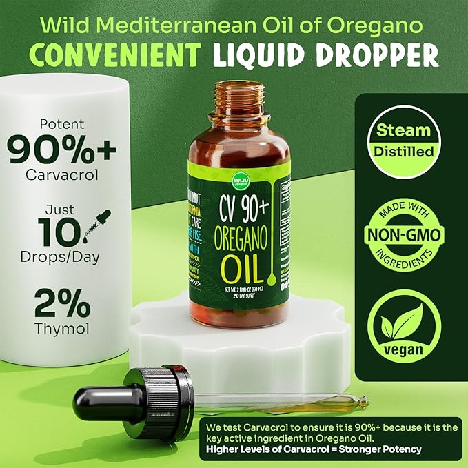 MAJU Oregano Oil Drops - Potent 90%+ Carvacrol (2 fl Oz) Wild Mediterranean Essential Oil of Oregano Liquid, Aceite de Oregano, Immune and Seasonal Support
