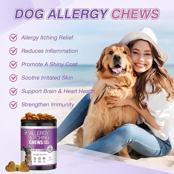 Dog Allergy Chews 200ct - Dog Allergy and Itching Skin Relief Anti Itch Aller Immune Bites for Dogs Licking Paws Treatment Relief Itchy Chew Probiotics Vitamins for Skin and Coat - Peanut Butter