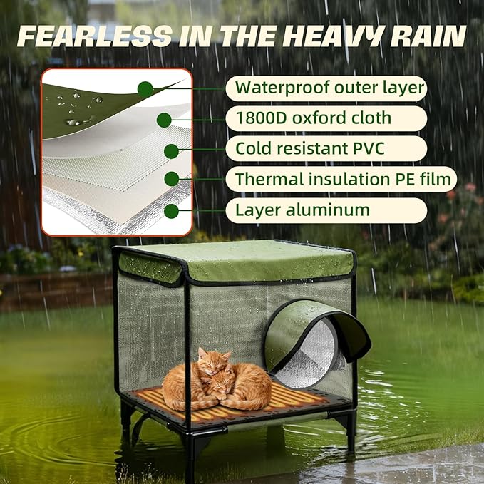 Outdoor Heated Cat House in Winter for Outside, Extremely Insulated & Weatherproof, Elevated Feral Cat Shelter with Waterproof Eaves & Escape Door for Outside Stray Barn Cat Green