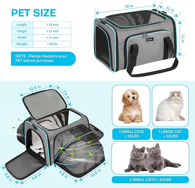 Premium Pet Carrier – Dog & Cat Travel Bag, Airline Approved, Soft-Sided Design for Small to Large Pets, TSA Compliant, Expandable & Collapsible (Gray)