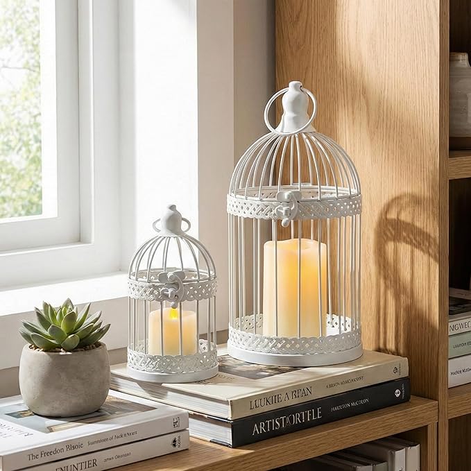 Vela Lanterns Bird Cage Decor Candle Holder Lantern Decorative Wedding Table Centerpiece Decorations, 10" and 6" Tall, White, Set of 2
